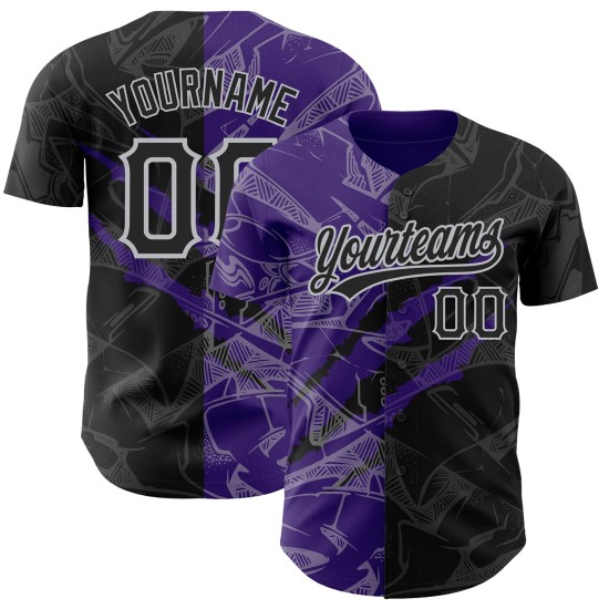 Maillot personnalisé motif violet-gris à gratter 3D noir Baseball authentique Graffiti Maillot personnalisé motif violet-gris à gratter 3D noir Baseball authentique Graffiti