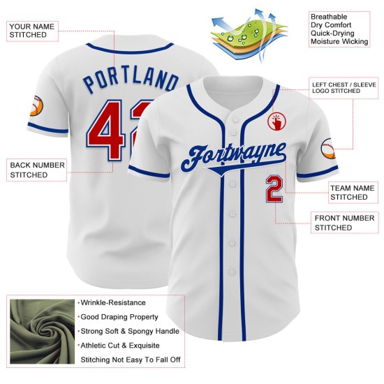 Maillot de baseball personnalisé authentique blanc rouge-royal Maillot de baseball personnalisé authentique blanc rouge-royal