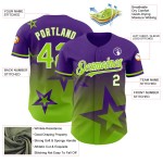 Maillot de baseball personnalisé 3D au design authentique et scintillant, motif dégradé vert-blanc, étoile violette Maillot de baseball personnalisé 3D au design authentique et scintillant, motif dégradé vert-blanc, étoile violette