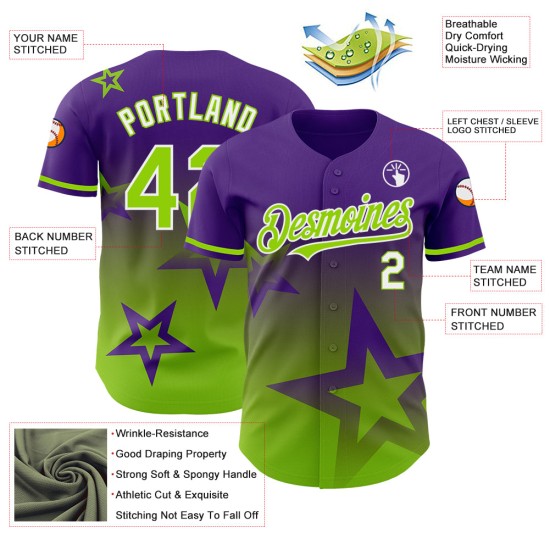 Maillot de baseball personnalisé 3D au design authentique et scintillant, motif dégradé vert-blanc, étoile violette Maillot de baseball personnalisé 3D au design authentique et scintillant, motif dégradé vert-blanc, étoile violette