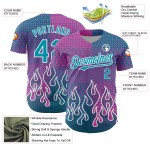 Maillot de baseball rose 3D personnalisé bleu sarcelle-blanc, motif flamme authentique Maillot de baseball rose 3D personnalisé bleu sarcelle-blanc, motif flamme authentique