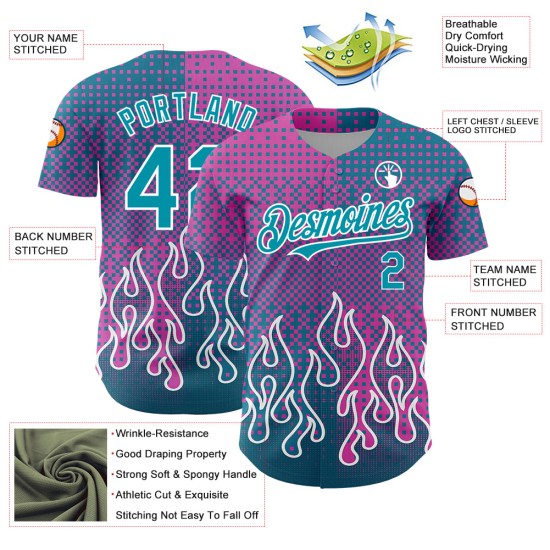 Maillot de baseball rose 3D personnalisé bleu sarcelle-blanc, motif flamme authentique Maillot de baseball rose 3D personnalisé bleu sarcelle-blanc, motif flamme authentique