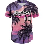 Maillot de baseball authentique motif personnalisé motif palmier noir et blanc 3D motif hawaïen arbres plage violet Maillot de baseball authentique motif personnalisé motif palmier noir et blanc 3D motif hawaïen arbres plage violet