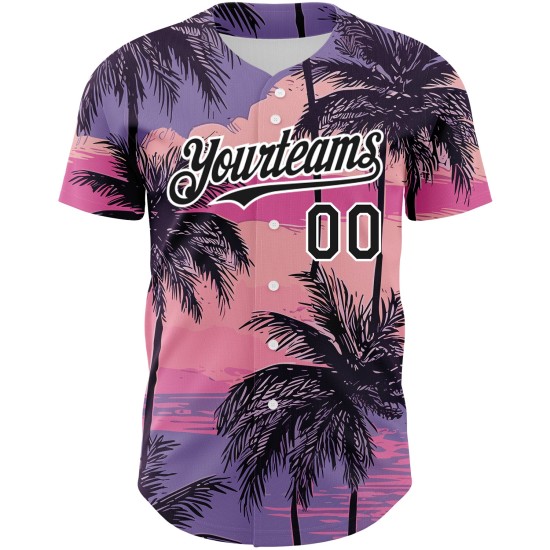 Maillot de baseball authentique motif personnalisé motif palmier noir et blanc 3D motif hawaïen arbres plage violet Maillot de baseball authentique motif personnalisé motif palmier noir et blanc 3D motif hawaïen arbres plage violet