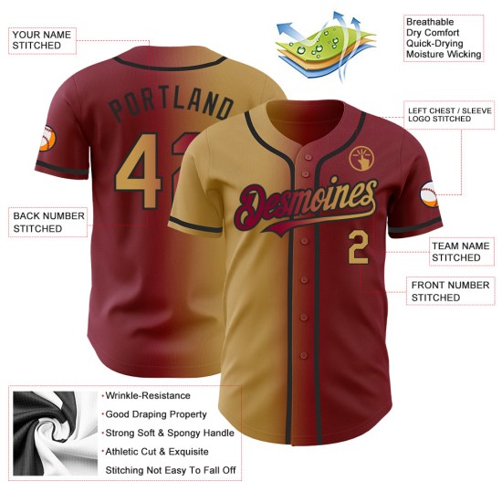 Maillot de baseball authentique, dégradé de couleur or vieilli et noir marron, à la mode Maillot de baseball authentique, dégradé de couleur or vieilli et noir marron, à la mode