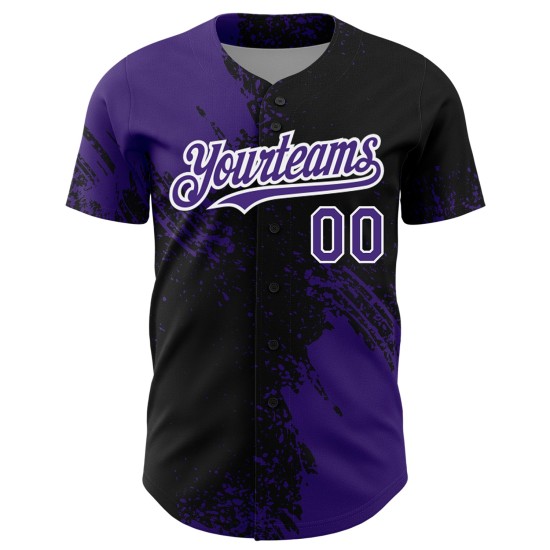 Maillot de baseball personnalisé 3D à motif noir et blanc avec motif violet et pinceau authentique Maillot de baseball personnalisé 3D à motif noir et blanc avec motif violet et pinceau authentique