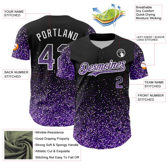 Maillot de baseball 3D motif violet-blanc personnalisé, motif abstrait à pois scintillants, coloré, noir, authentique Maillot de baseball 3D motif violet-blanc personnalisé, motif abstrait à pois scintillants, coloré, noir, authentique