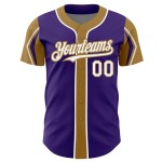 Maillot de baseball personnalisé violet, couleurs dorées, 3 formes blanches et anciennes, authentique Maillot de baseball personnalisé violet, couleurs dorées, 3 formes blanches et anciennes, authentique