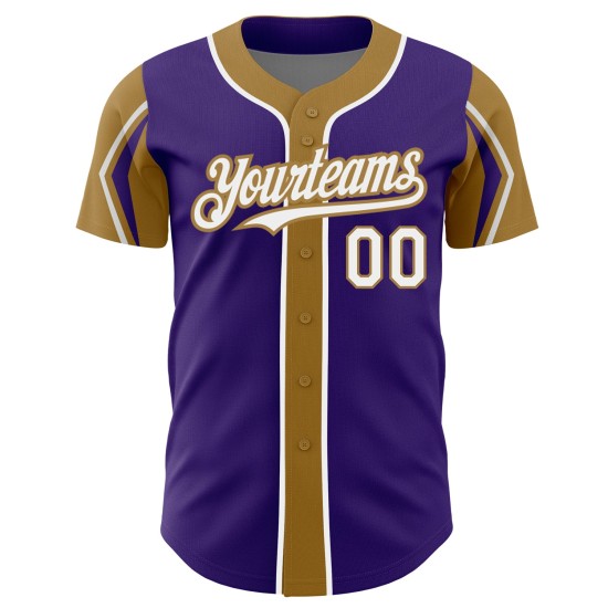 Maillot de baseball personnalisé violet, couleurs dorées, 3 formes blanches et anciennes, authentique Maillot de baseball personnalisé violet, couleurs dorées, 3 formes blanches et anciennes, authentique