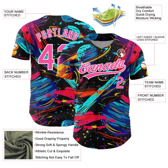 Maillot de baseball authentique avec motif de fusées 3D rose-blanc-noir Maillot de baseball authentique avec motif de fusées 3D rose-blanc-noir