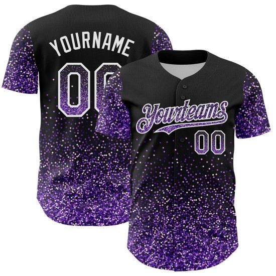 Maillot de baseball 3D motif violet-blanc personnalisé, motif abstrait à pois scintillants, coloré, noir, authentique Maillot de baseball 3D motif violet-blanc personnalisé, motif abstrait à pois scintillants, coloré, noir, authentique