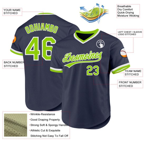 Maillot de baseball bleu marine authentique, vert fluo et blanc, rétro, personnalisé Maillot de baseball bleu marine authentique, vert fluo et blanc, rétro, personnalisé
