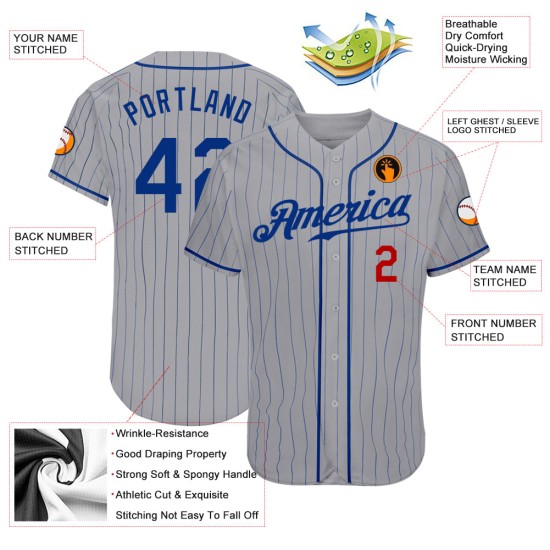 Maillot de baseball à rayures fines personnalisé Royal Authentic Royal-Rouge Gris Maillot de baseball à rayures fines personnalisé Royal Authentic Royal-Rouge Gris
