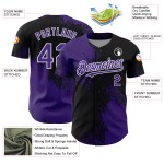Maillot de baseball personnalisé 3D à motif noir et blanc avec motif violet et pinceau authentique Maillot de baseball personnalisé 3D à motif noir et blanc avec motif violet et pinceau authentique