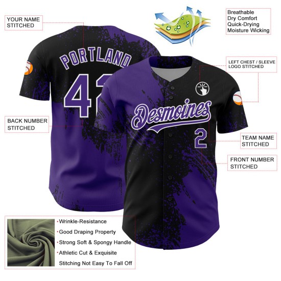 Maillot de baseball personnalisé 3D à motif noir et blanc avec motif violet et pinceau authentique Maillot de baseball personnalisé 3D à motif noir et blanc avec motif violet et pinceau authentique