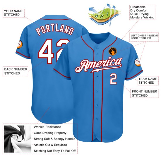 Maillot de baseball blanc-rouge authentique Powder Custom Blue Maillot de baseball blanc-rouge authentique Powder Custom Blue