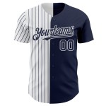 Maillot de baseball personnalisé à rayures fines blanc-bleu marine authentique, bleu marine fendu Maillot de baseball personnalisé à rayures fines blanc-bleu marine authentique, bleu marine fendu