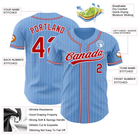 Maillot de baseball personnalisé authentique blanc à rayures fines bleu rouge Maillot de baseball personnalisé authentique blanc à rayures fines bleu rouge