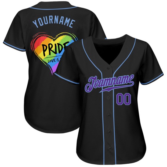Maillot de baseball personnalisé Love For Heart bleu LGBT, couleur arc-en-ciel, violet clair, Love Is Pride, noir Maillot de baseball personnalisé Love For Heart bleu LGBT, couleur arc-en-ciel, violet clair, Love Is Pride, noir
