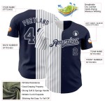 Maillot de baseball personnalisé à rayures fines blanc-bleu marine authentique, bleu marine fendu Maillot de baseball personnalisé à rayures fines blanc-bleu marine authentique, bleu marine fendu