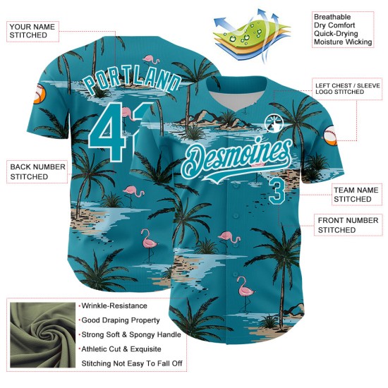 Palm Teal Tropical Hawaii 3D Arbres Authentique Jersey Blanc Baseball Motif Personnalisé Conception Palm Teal Tropical Hawaii 3D Arbres Authentique Jersey Blanc Baseball Motif Personnalisé Conception