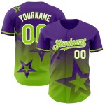 Maillot de baseball personnalisé 3D au design authentique et scintillant, motif dégradé vert-blanc, étoile violette Maillot de baseball personnalisé 3D au design authentique et scintillant, motif dégradé vert-blanc, étoile violette