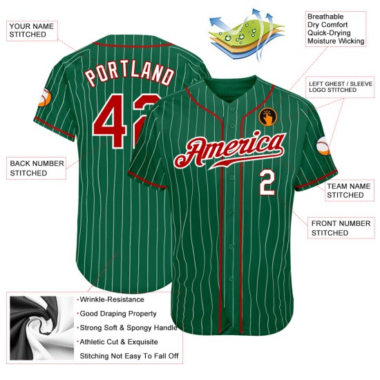 Maillot de baseball authentique à rayures fines, rouge, blanc et vert, Kelly Custom Maillot de baseball authentique à rayures fines, rouge, blanc et vert, Kelly Custom