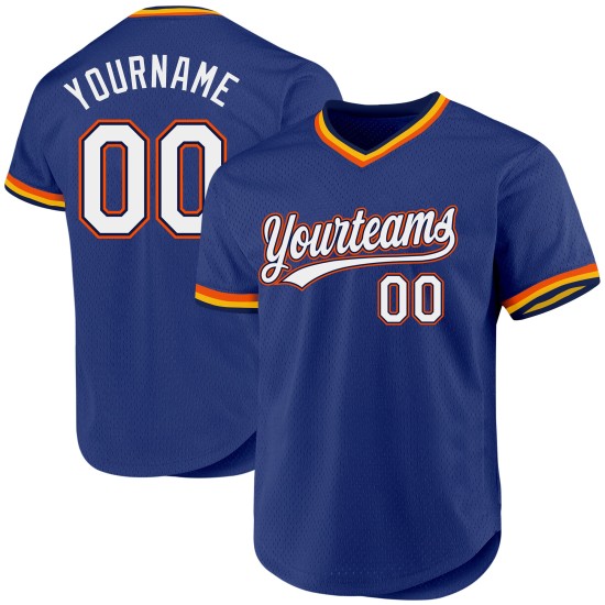 Maillot de baseball rétro bleu marine-orange authentique personnalisé Royal Maillot de baseball rétro bleu marine-orange authentique personnalisé Royal