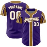 Maillot de baseball personnalisé violet, couleurs dorées, 3 formes blanches et anciennes, authentique Maillot de baseball personnalisé violet, couleurs dorées, 3 formes blanches et anciennes, authentique