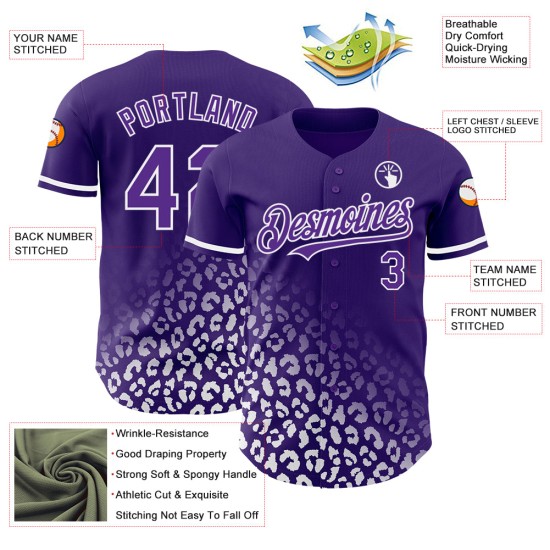 Maillot de baseball violet à imprimé authentique, design tendance, personnalisé, motif 3D blanc, dégradé léopard Maillot de baseball violet à imprimé authentique, design tendance, personnalisé, motif 3D blanc, dégradé léopard
