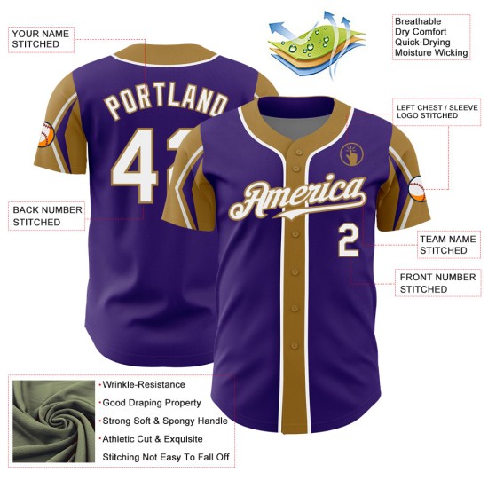 Maillot de baseball personnalisé violet, couleurs dorées, 3 formes blanches et anciennes, authentique Maillot de baseball personnalisé violet, couleurs dorées, 3 formes blanches et anciennes, authentique