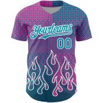 Maillot de baseball rose 3D personnalisé bleu sarcelle-blanc, motif flamme authentique Maillot de baseball rose 3D personnalisé bleu sarcelle-blanc, motif flamme authentique