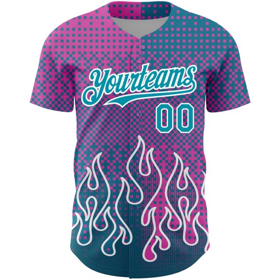 Maillot de baseball rose 3D personnalisé bleu sarcelle-blanc, motif flamme authentique Maillot de baseball rose 3D personnalisé bleu sarcelle-blanc, motif flamme authentique