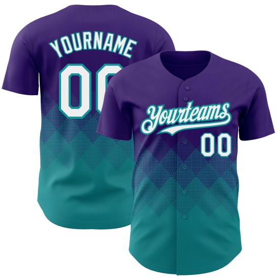 Motif blanc-bleu sarcelle, violet, formes personnalisées, dégradé de baseball, maillot carré authentique 3D Motif blanc-bleu sarcelle, violet, formes personnalisées, dégradé de baseball, maillot carré authentique 3D