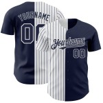 Maillot de baseball personnalisé à rayures fines blanc-bleu marine authentique, bleu marine fendu Maillot de baseball personnalisé à rayures fines blanc-bleu marine authentique, bleu marine fendu