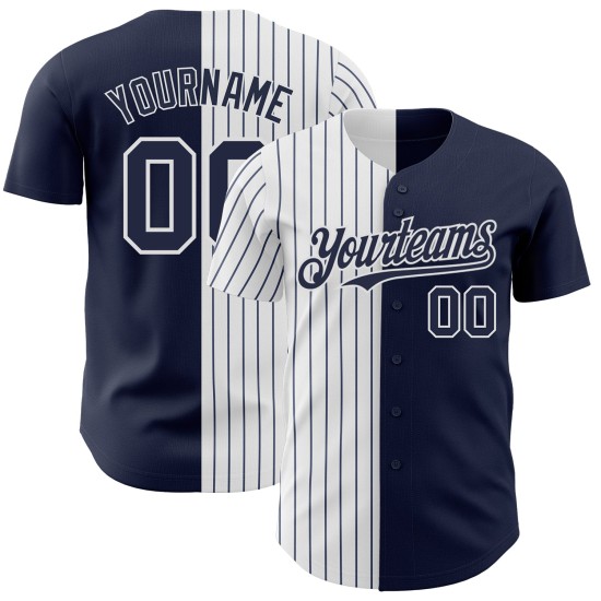 Maillot de baseball personnalisé à rayures fines blanc-bleu marine authentique, bleu marine fendu Maillot de baseball personnalisé à rayures fines blanc-bleu marine authentique, bleu marine fendu