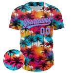 Maillot de baseball 3D authentique rose ciel, motif palmiers chauds, arbres tropicaux bleus hawaïens Maillot de baseball 3D authentique rose ciel, motif palmiers chauds, arbres tropicaux bleus hawaïens