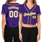 Maillot de baseball court personnalisé à col en V pour femme, blanc, or et violet Maillot de baseball court personnalisé à col en V pour femme, blanc, or et violet