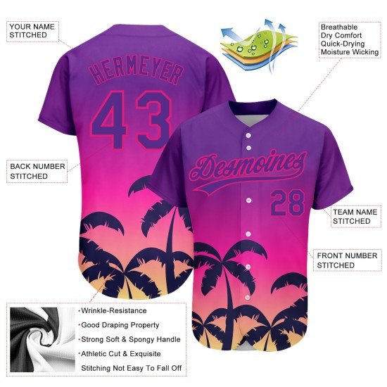 Maillot de baseball authentique Hawaii rose palmier, motif 3D violet, motif arbres, personnalisé Maillot de baseball authentique Hawaii rose palmier, motif 3D violet, motif arbres, personnalisé