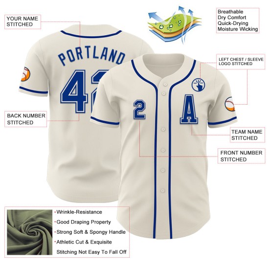 Maillot de baseball authentique personnalisé crème royal Maillot de baseball authentique personnalisé crème royal