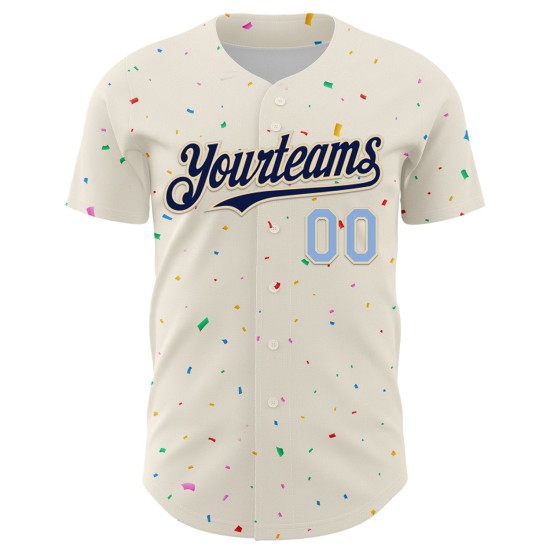 Maillot de baseball bleu marine et crème clair à motif authentique avec confettis 3D personnalisés Maillot de baseball bleu marine et crème clair à motif authentique avec confettis 3D personnalisés