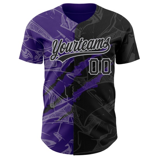 Maillot personnalisé motif violet-gris à gratter 3D noir Baseball authentique Graffiti Maillot personnalisé motif violet-gris à gratter 3D noir Baseball authentique Graffiti