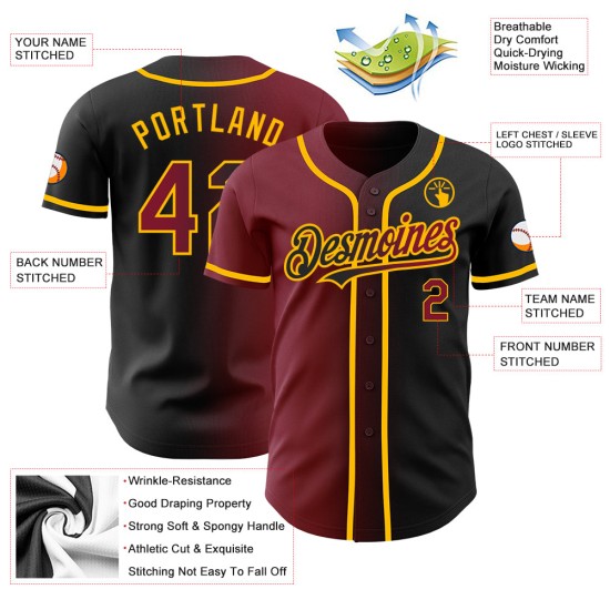 Maillot de baseball personnalisé noir, cramoisi et doré, à la mode et dégradé Maillot de baseball personnalisé noir, cramoisi et doré, à la mode et dégradé