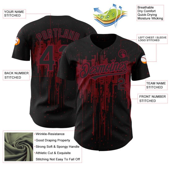 Maillot de baseball personnalisé à motif cramoisi noir authentique avec éclaboussures 3D Maillot de baseball personnalisé à motif cramoisi noir authentique avec éclaboussures 3D
