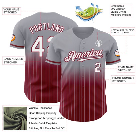 Maillot de baseball gris à rayures fines, blanc et cramoisi, personnalisé, dégradé authentique Maillot de baseball gris à rayures fines, blanc et cramoisi, personnalisé, dégradé authentique