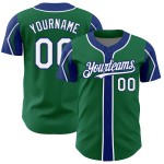 Maillot de baseball Kelly blanc-vert royal 3 couleurs, bras authentiques, formes personnalisées Maillot de baseball Kelly blanc-vert royal 3 couleurs, bras authentiques, formes personnalisées