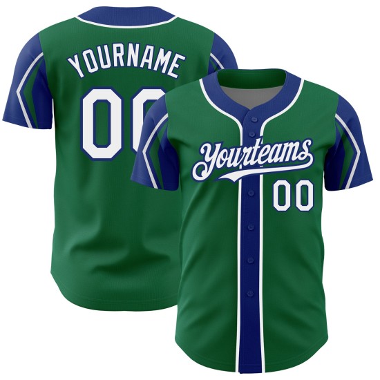 Maillot de baseball Kelly blanc-vert royal 3 couleurs, bras authentiques, formes personnalisées Maillot de baseball Kelly blanc-vert royal 3 couleurs, bras authentiques, formes personnalisées