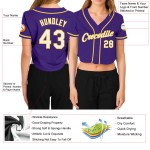 Maillot de baseball court personnalisé à col en V pour femme, blanc, or et violet Maillot de baseball court personnalisé à col en V pour femme, blanc, or et violet