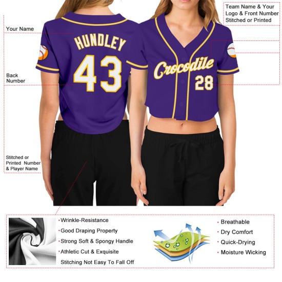 Maillot de baseball court personnalisé à col en V pour femme, blanc, or et violet Maillot de baseball court personnalisé à col en V pour femme, blanc, or et violet