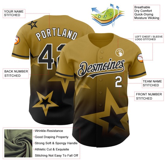 Maillot de baseball 3D dégradé personnalisé, motif étoile doré, noir et blanc authentique, design scintillant Maillot de baseball 3D dégradé personnalisé, motif étoile doré, noir et blanc authentique, design scintillant